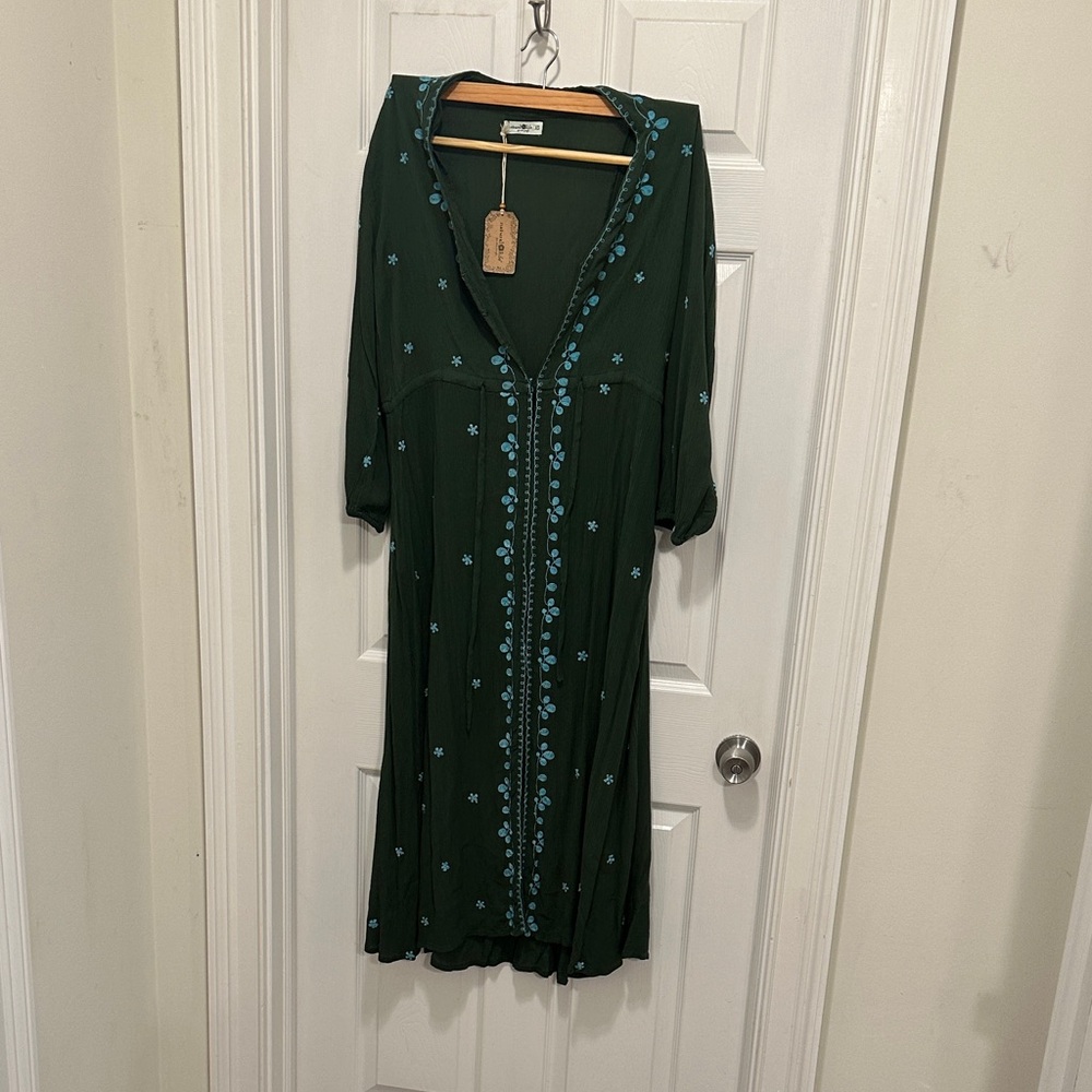 NATURAL LIFE Forest Green Dress with Sky Blue Detailing